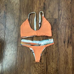 Orange + tropical print reversible thong bikini